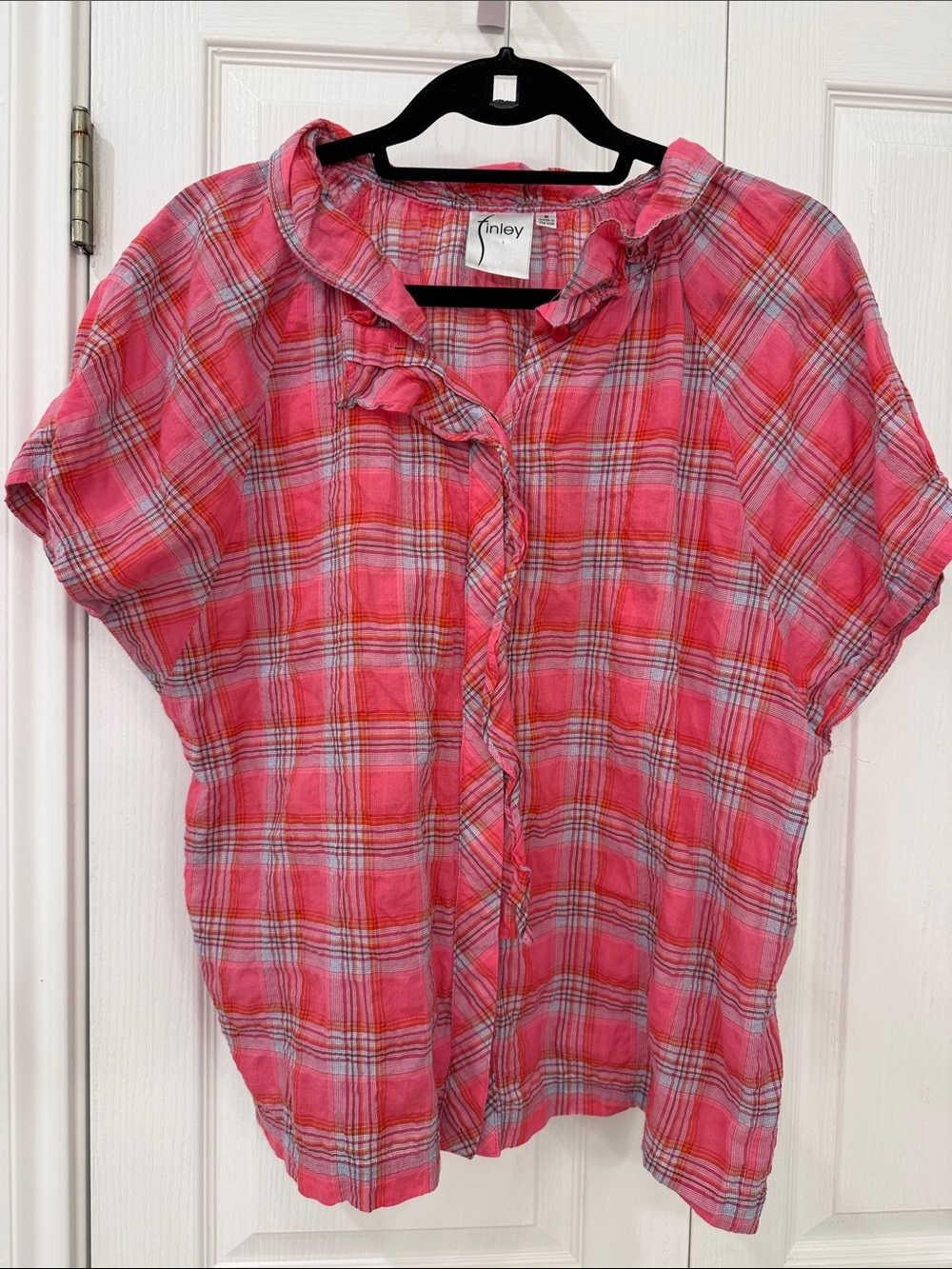 Finley Bubble Plaid Pink Ruffle Blouse Top Size S Made in USA